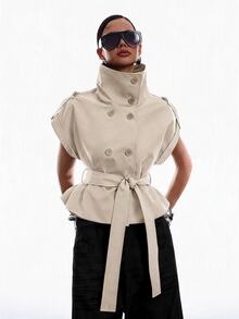 LYSMO Damen Trenchcoat-Jacke mit Stehkragen, kurzen Ärmeln, Knopfdekor und Taillenband, vielseitig einsetzbar - Aprikosenfarben - Übersicht 3