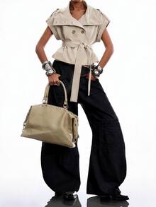 LYSMO Damen Trenchcoat-Jacke mit Stehkragen, kurzen Ärmeln, Knopfdekor und Taillenband, vielseitig einsetzbar - Aprikosenfarben - Übersicht 7