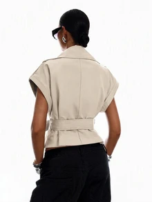 LYSMO Damen Trenchcoat-Jacke mit Stehkragen, kurzen Ärmeln, Knopfdekor und Taillenband, vielseitig einsetzbar - Aprikosenfarben - Übersicht 2