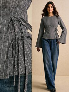 Poéselle Women's Graphic Print Round Neck Tie Front Long Sleeve Top Brunch Office Grey Autumn Casual - Navy Blue - View 3