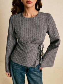 Poéselle Women's Graphic Print Round Neck Tie Front Long Sleeve Top Brunch Office Grey Autumn Casual - Navy Blue - View 6