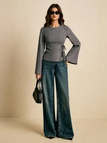 Poéselle Women's Graphic Print Round Neck Tie Front Long Sleeve Top Brunch Office Grey Autumn Casual - Navy Blue - View 5