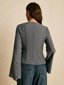 Poéselle Women's Graphic Print Round Neck Tie Front Long Sleeve Top Brunch Office Grey Autumn Casual - Navy Blue - View 7