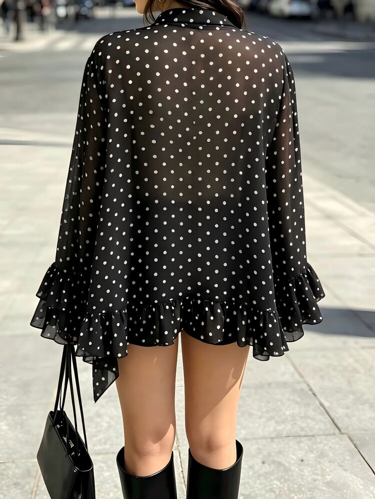 Cévolie Women's Fashion Elegant Casual Vacation Polka Dot Print Ruffle Trim Blouse - Black - View 2