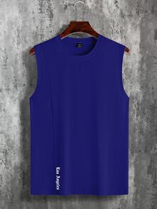 Manfinity Homme Men's 100% Casual Letter Print Round Neck Tank Top,Versatile Summer Sleeveless Muscle Shirts,Holiday Style Sleeveless Tops - Blue - View 3
