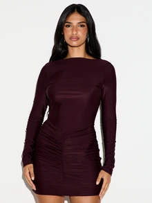 KIZN Boat Neck Long Sleeve Bodycon Mini Dress With Ruched Skirt And Contrast Satin Bowknot Detail Holiday Party - Burgundy - View 1