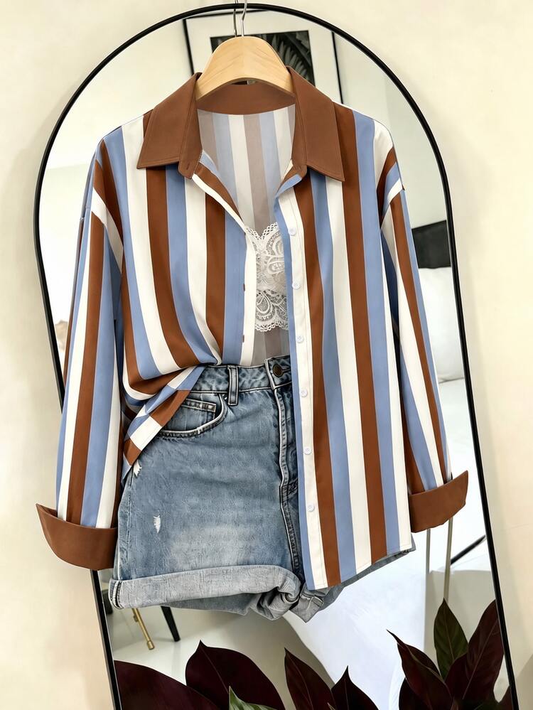 Trelyra Plus Size Casual Striped Colorblock Single-Breasted Long Sleeve Shirt Fall - Multicolor - View 5