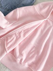 SHEIN Tween女孩童裝寬鬆休閒極簡舒適街頭風連帽修身前短款長袖冬季外套 白色秋季 - 粉色 - 查看 5