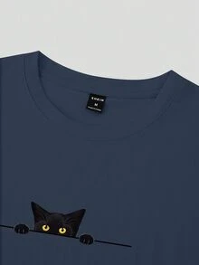 Manfinity Homme 男士休闲猫咪印花短袖 T 恤，简约设计 - 藍色 - 查看 4