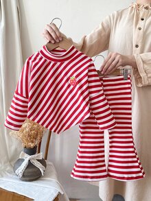 SHEIN 2-delat set för småflicka: topp och utsvängda byxor, sött röd- och vitrandigt med jordbärslapp, lång ärm, mock neck, regular fit, ribbat, för högtider och höst - Röd - Visa 8