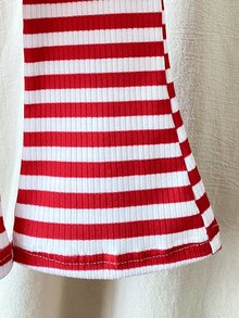 SHEIN 2-delat set för småflicka: topp och utsvängda byxor, sött röd- och vitrandigt med jordbärslapp, lång ärm, mock neck, regular fit, ribbat, för högtider och höst - Röd - Visa 5