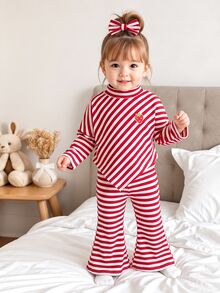 SHEIN 2-delat set för småflicka: topp och utsvängda byxor, sött röd- och vitrandigt med jordbärslapp, lång ärm, mock neck, regular fit, ribbat, för högtider och höst - Röd - Visa 1