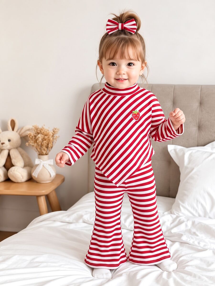 SHEIN 2-delat set för småflicka: topp och utsvängda byxor, sött röd- och vitrandigt med jordbärslapp, lång ärm, mock neck, regular fit, ribbat, för högtider och höst - Röd - Visa 1