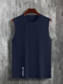 Manfinity Homme Men's Letter Print Round Neck Casual Loose Fit Tank Top Gym Tops Men, Holiday - Navy Blue - View 3