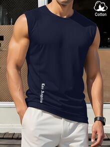 Manfinity Homme Men's Letter Print Round Neck Casual Loose Fit Tank Top Gym Tops Men, Holiday - Navy Blue - View 1