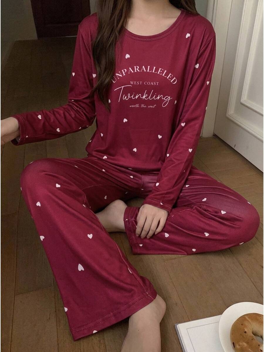 女童時尚可愛字體愛心印花花卉長袖長褲舒適牛奶絲面料居家服套裝 - 紅色 - 查看 1