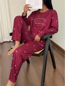 女童時尚可愛字體愛心印花花卉長袖長褲舒適牛奶絲面料居家服套裝 - 紅色 - 查看 11