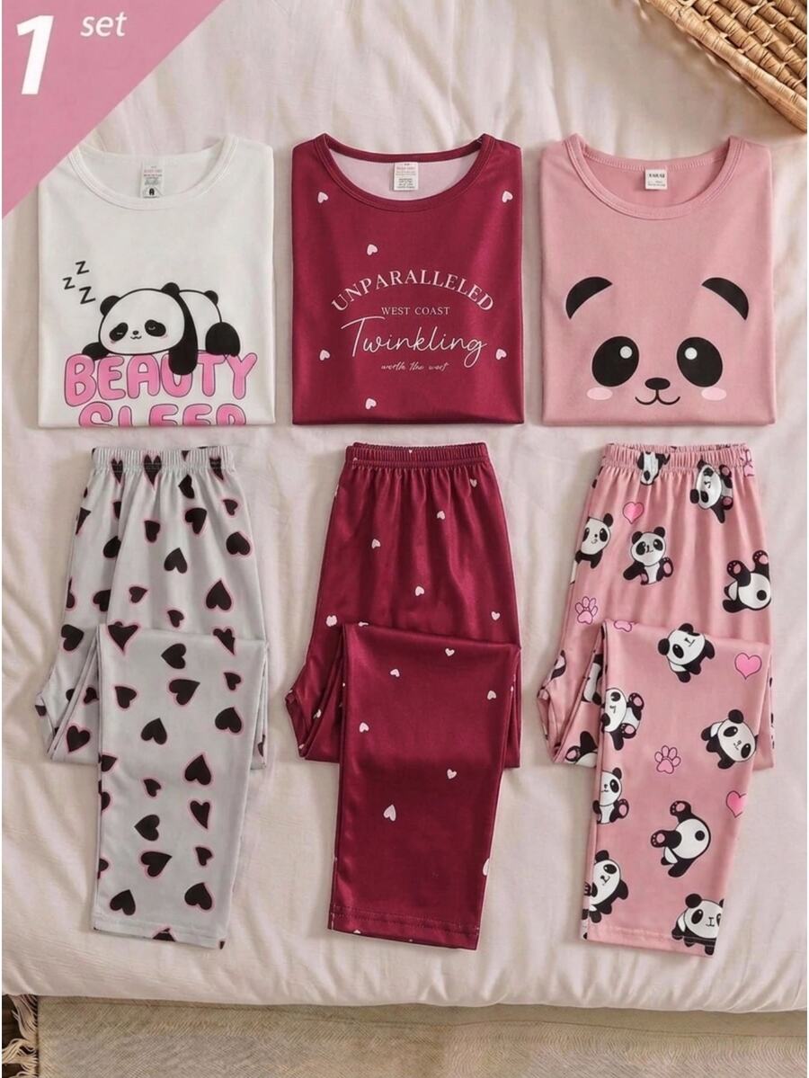 Girls' Fashionable Cute Font Heart Print Pattern Floral Long Sleeve Long Pants Comfortable Milk Silk Fabric Loungewear Set - Red - View 1