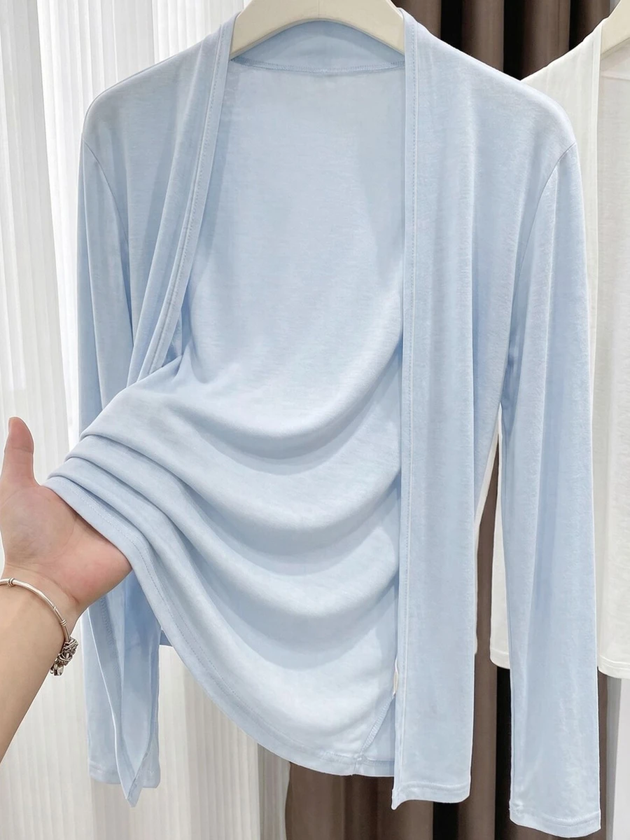 Resyla Women's Solid Color Long Sleeve Open Front Casual Thin Jacket - Blue - View 1