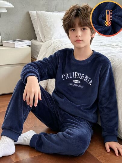 2pcs/Set Boys Knit Round Neck Navy Blue Long Sleeve Pants English Embroidery Pattern Simple Casual Comfortable Soft Flannel Fabric Warm Fleece Lined Loungewear Winter