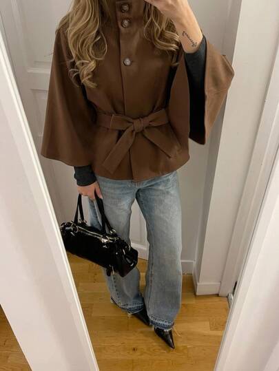 Aloruh Minimalist Commuter Brown Small Stand Collar Cape Trench Coat With Waist Tie Long Sleeve Short Length Women's Jacket