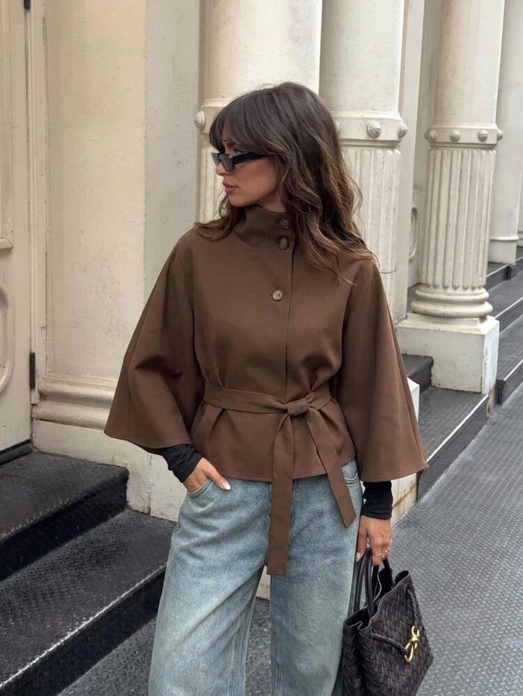 Aloruh Minimalist Commuter Brown Small Stand Collar Cape Trench Coat With Waist Tie Long Sleeve Short Length Women's Jacket - Brown - View 2