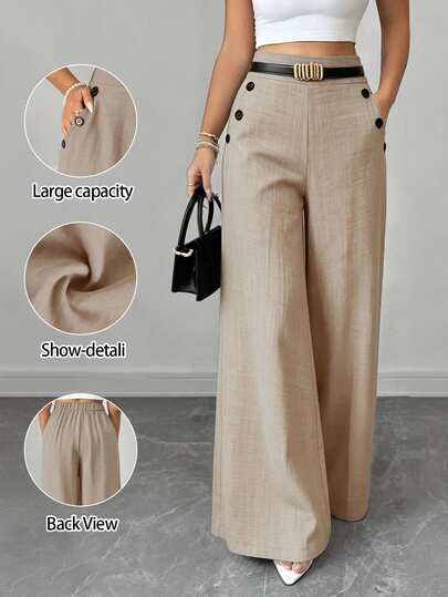 Elenzga Women's New Korean Style Elegant Khaki Striped Linen Pants, High Waist Slimming Straight Leg Loose Casual Trousers, Spring/Summer Fall Office Brunch
