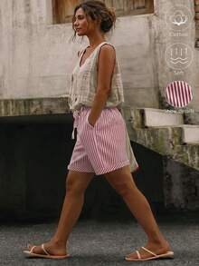 Linhara CURVE Plus Size Women's Short Washed Cotton Cinched Waist Back Pocket Button Decor Top Beach Vacation Formal White Summer Casual Western - Red - View 8