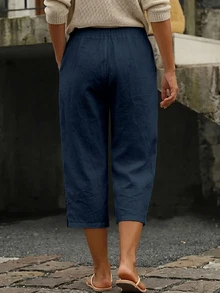 Linhara CURVE Plus Size Women's Pure CottonBermuda Shorts With Tie-Up Leg Opening And Pockets, Suitable For Daily Commute, Casual, Vacation And Other Occasions - Navy Blue - View 2
