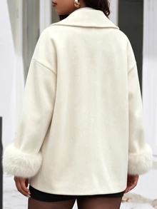 SHEIN LUNE 2026 Plus Size Elegant Faux Fur Trim Overcoat For Commuters, Suitable For Daily Commutes, Evening Outings, And Other Fall Women's Attire Formal White - Beige - View 2
