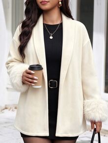 SHEIN LUNE 2026 Plus Size Elegant Faux Fur Trim Overcoat For Commuters, Suitable For Daily Commutes, Evening Outings, And Other Fall Women's Attire Formal White - Beige - View 5