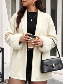 SHEIN LUNE 2026 Plus Size Elegant Faux Fur Trim Overcoat For Commuters, Suitable For Daily Commutes, Evening Outings, And Other Fall Women's Attire Formal White - Beige - View 1