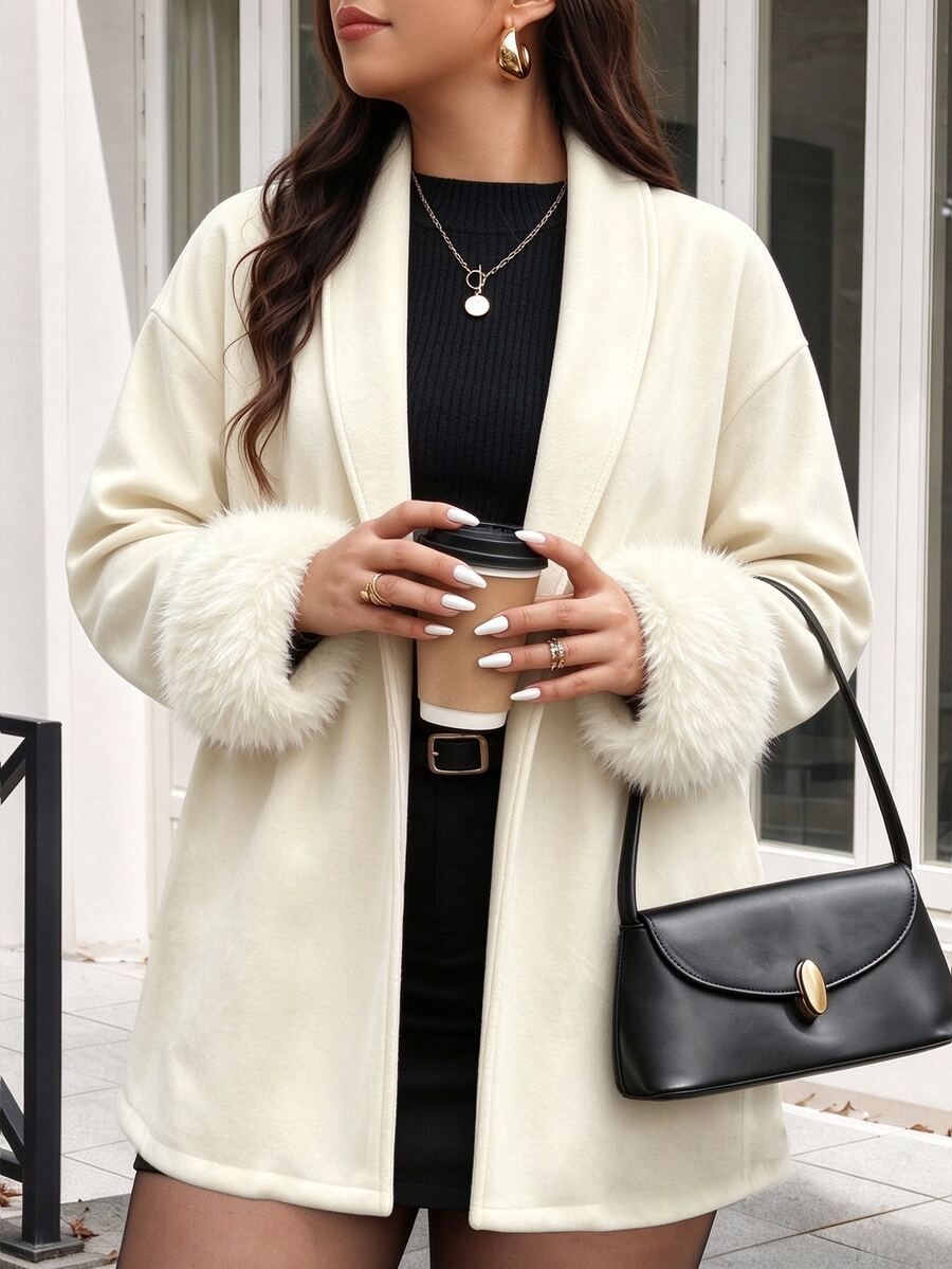 SHEIN LUNE 2026 Plus Size Elegant Faux Fur Trim Overcoat For Commuters, Suitable For Daily Commutes, Evening Outings, And Other Fall Women's Attire Formal White - Beige - View 1