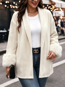 SHEIN LUNE 2026 Plus Size Elegant Faux Fur Trim Overcoat For Commuters, Suitable For Daily Commutes, Evening Outings, And Other Fall Women's Attire Formal White - Beige - View 4