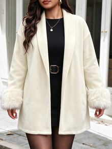 SHEIN LUNE 2026 Plus Size Elegant Faux Fur Trim Overcoat For Commuters, Suitable For Daily Commutes, Evening Outings, And Other Fall Women's Attire Formal White - Beige - View 6