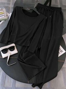 INAWLY 2pcs/Set Women's Solid Color Round Neck Long Sleeve Top And Drawstring Pocket Pants Casual Loungewear Autumn Cloth For Women Travel Plain Black - Black - View 3