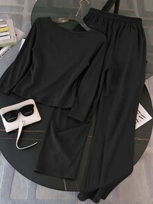 INAWLY 2pcs/Set Women's Solid Color Round Neck Long Sleeve Top And Drawstring Pocket Pants Casual Loungewear Autumn Cloth For Women Travel Plain Black - Black - View 2