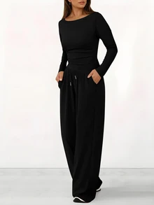 INAWLY 2pcs/Set Women's Solid Color Round Neck Long Sleeve Top And Drawstring Pocket Pants Casual Loungewear Autumn Cloth For Women Travel Plain Black - Black - View 1