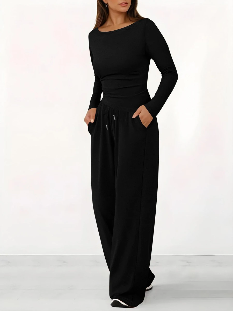 INAWLY 2pcs/Set Women's Solid Color Round Neck Long Sleeve Top And Drawstring Pocket Pants Casual Loungewear Autumn Cloth For Women Travel Plain Black - Black - View 1