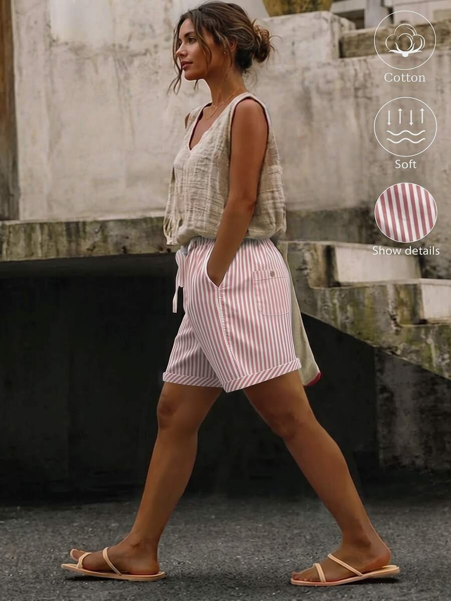 Linhara CURVE Plus Size Women's Short Washed Cotton Cinched Waist Back Pocket Button Decor Vacation Top Beach Beach Vacation Formal White Summer Casual