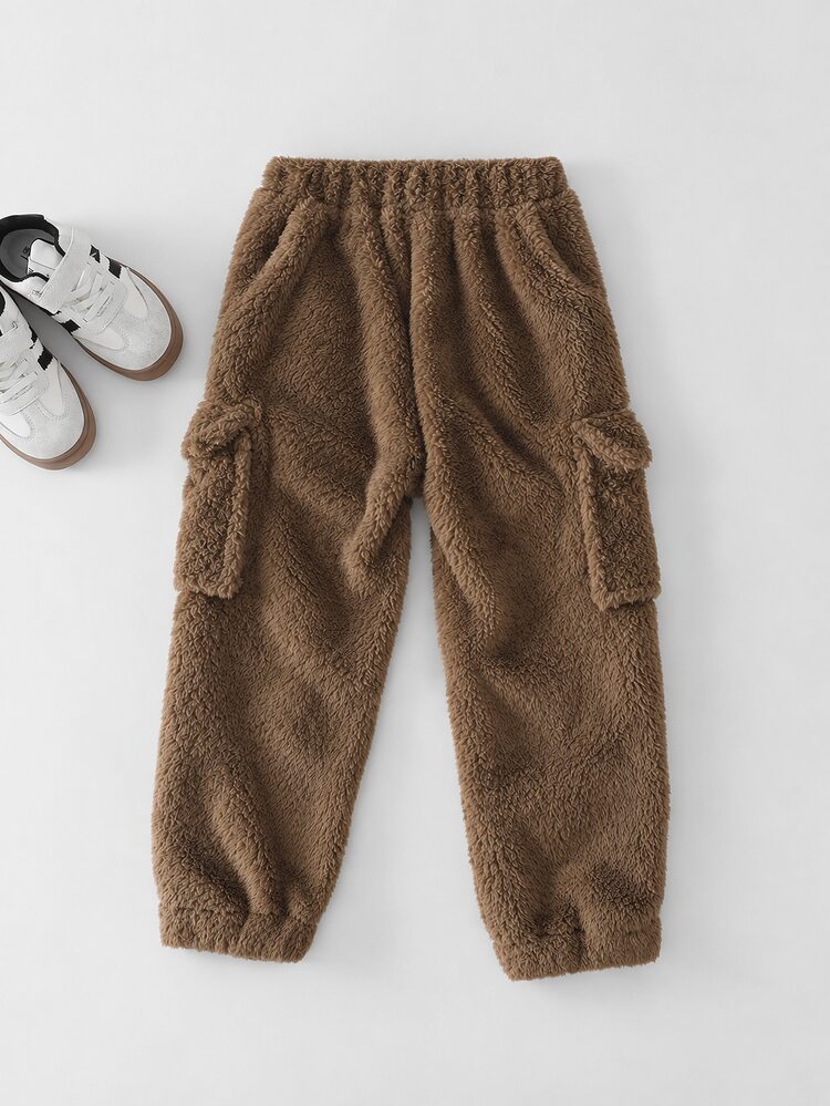 1pc Boys Coffee Brown Double-Sided Fleece Cargo Pants Suitable For Autumn/Winter Outdoor Activities - Coffee Brown - View 2