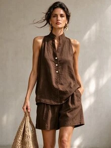 SHEIN Women's Solid Color Notch V-Neck Top And Shorts Casual Daily Set - Coffee Brown - View 1