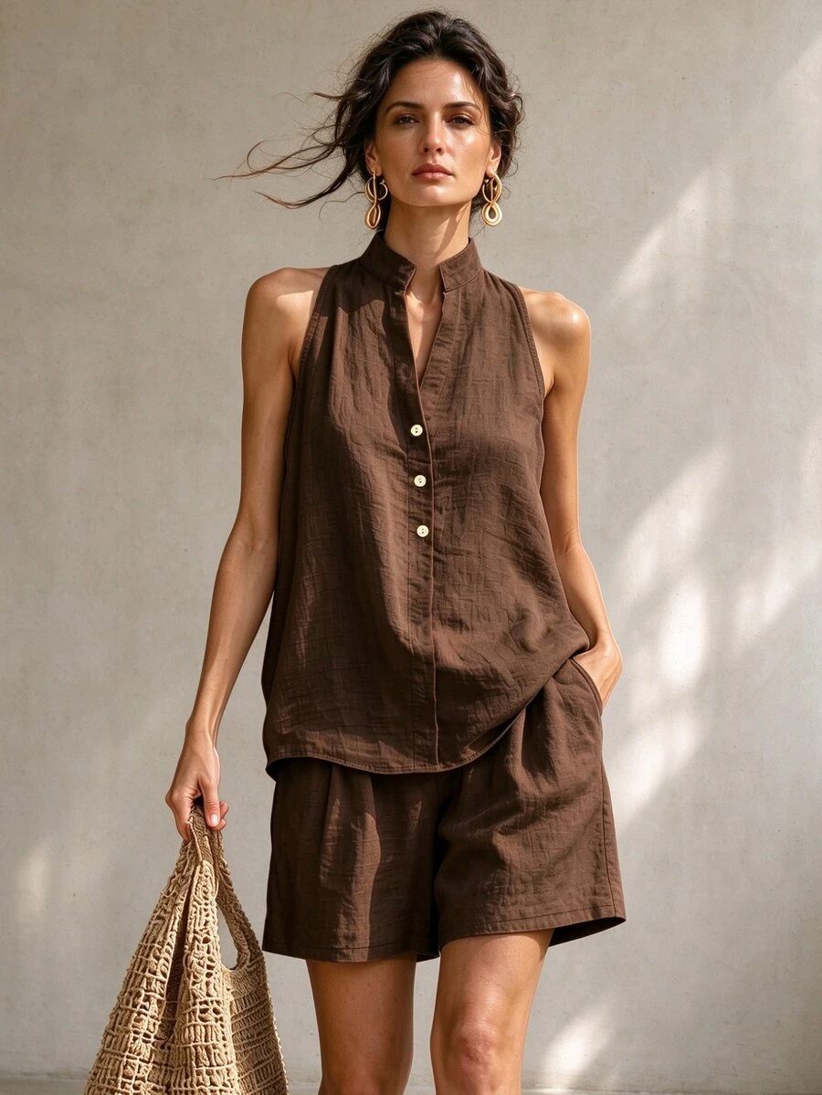 SHEIN Women's Solid Color Notch V-Neck Top And Shorts Casual Daily Set - Coffee Brown - View 1