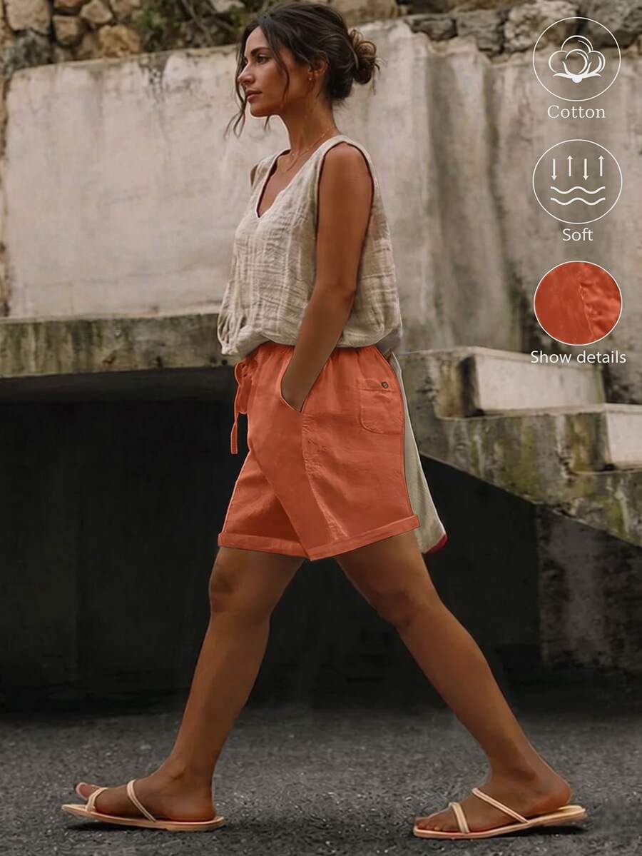 Linhara Plus Size Washed Cotton Cinched Waist Backpocket Button Decor Short Casual - Orange - View 1