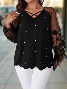 SHEIN LUNE Versatile Premium Plus Size 3D Mesh Heavy Embroidery Women's Blouse Fall - Black - View 6