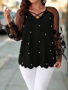 SHEIN LUNE Versatile Premium Plus Size 3D Mesh Heavy Embroidery Women's Blouse Fall - Black - View 5