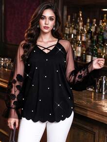 SHEIN LUNE Versatile Premium Plus Size 3D Mesh Heavy Embroidery Women's Blouse Fall - Black - View 3