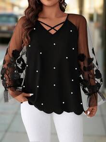 SHEIN LUNE Versatile Premium Plus Size 3D Mesh Heavy Embroidery Women's Blouse Fall - Black - View 1