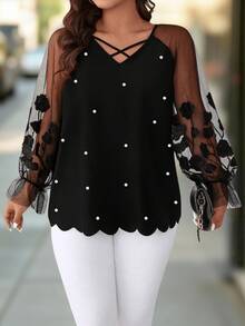 SHEIN LUNE Versatile Premium Plus Size 3D Mesh Heavy Embroidery Women's Blouse Fall - Black - View 4