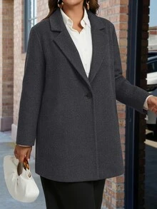 EMERY ROSE 2026 Plus Size Women's Autumn/Winter Wool Solid Color Lapel Single Button Casual Commuter Suit Jacket, With Pockets, Women's Autumn/Winter Clothing. - Dark Grey - View 1
